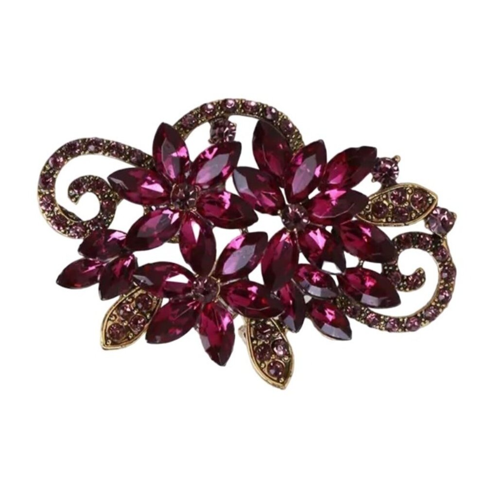 Purple Flower Brooch with Crystals Gold Tone